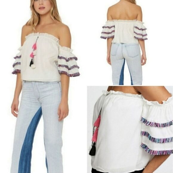 Red Carter x Anthropologie Off The Shoulder Tiered Fringe Sleeve Tassel Crop Top - Picture 6 of 13